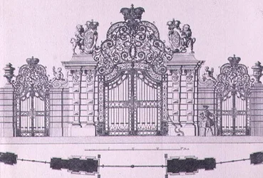 Plan und Aufriss der Eingangstore zum Schloss Belvedere in Wien, wahrscheinlich entworfen von Johann George Oegg um 1725, graviert von Johann August Corvinus (1683-1738)